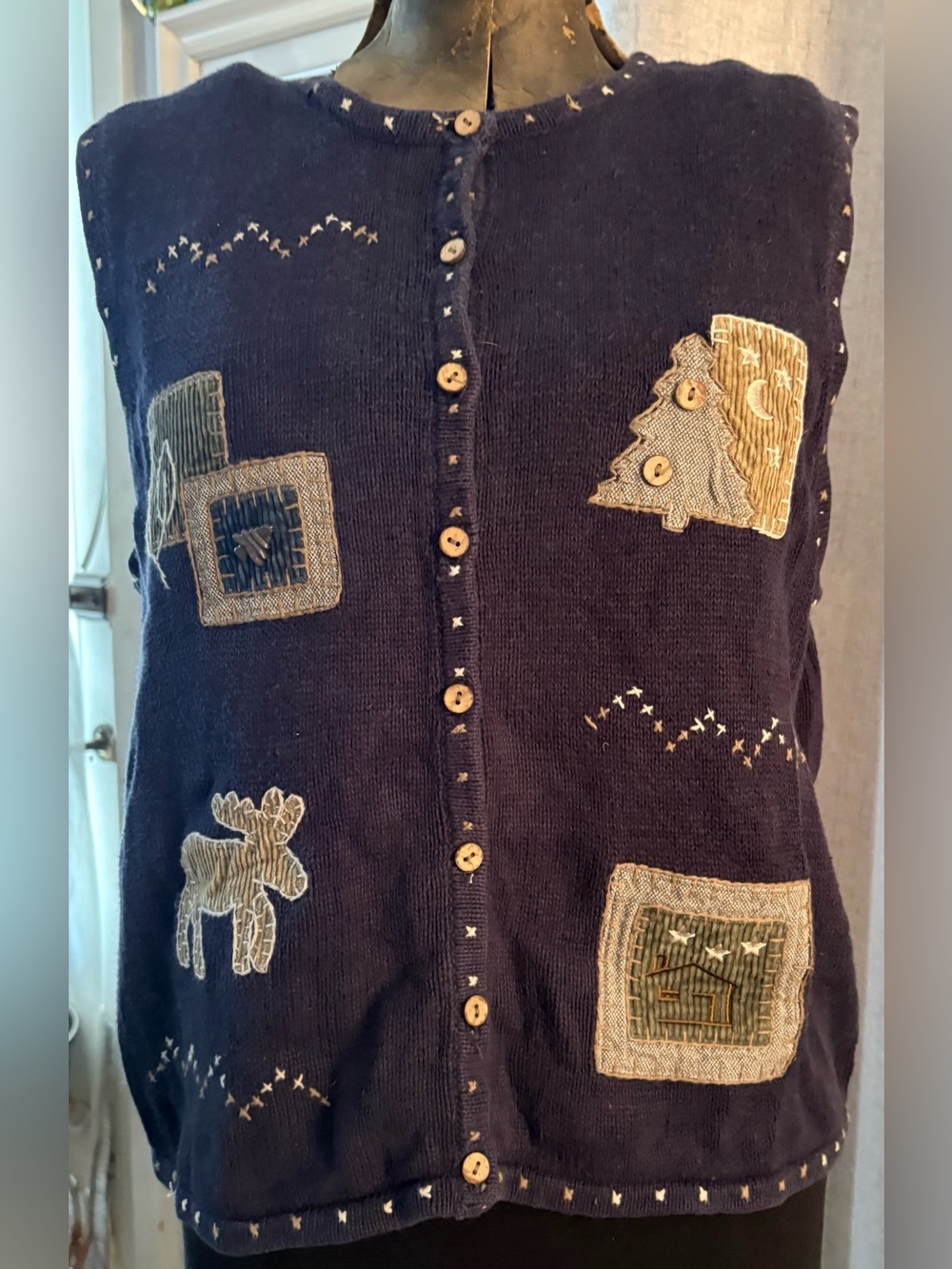 Christopher & Banks L Hand Embroidered Christmas Moose Cabin Sweater Vest